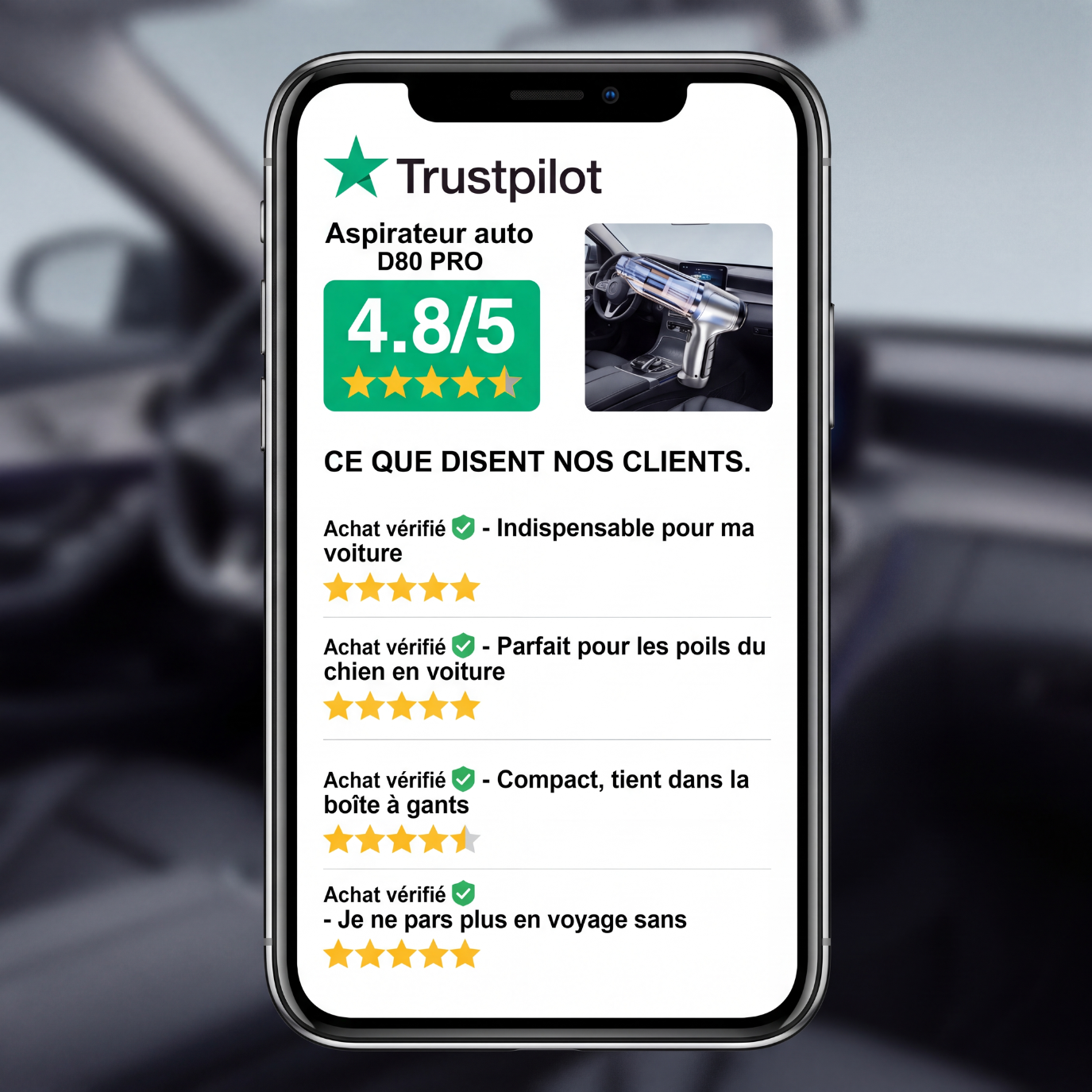 D80 PRO | Aspirateur Voiture Sans Fil Puissant – Compact, Léger et Rechargeable