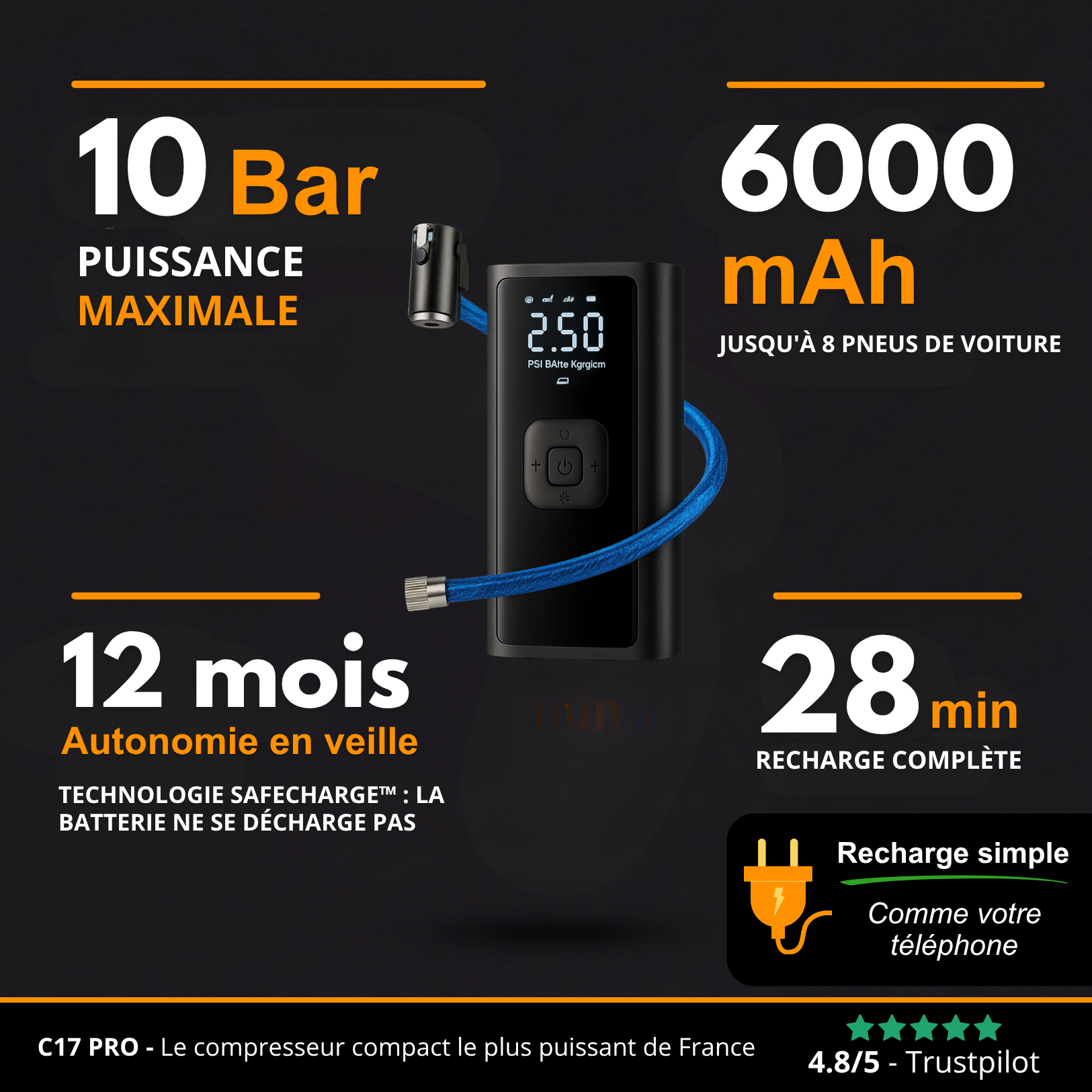 C17 PRO | Compresseur d'Air Portable Puissant – Compact, Léger et Rechargeable