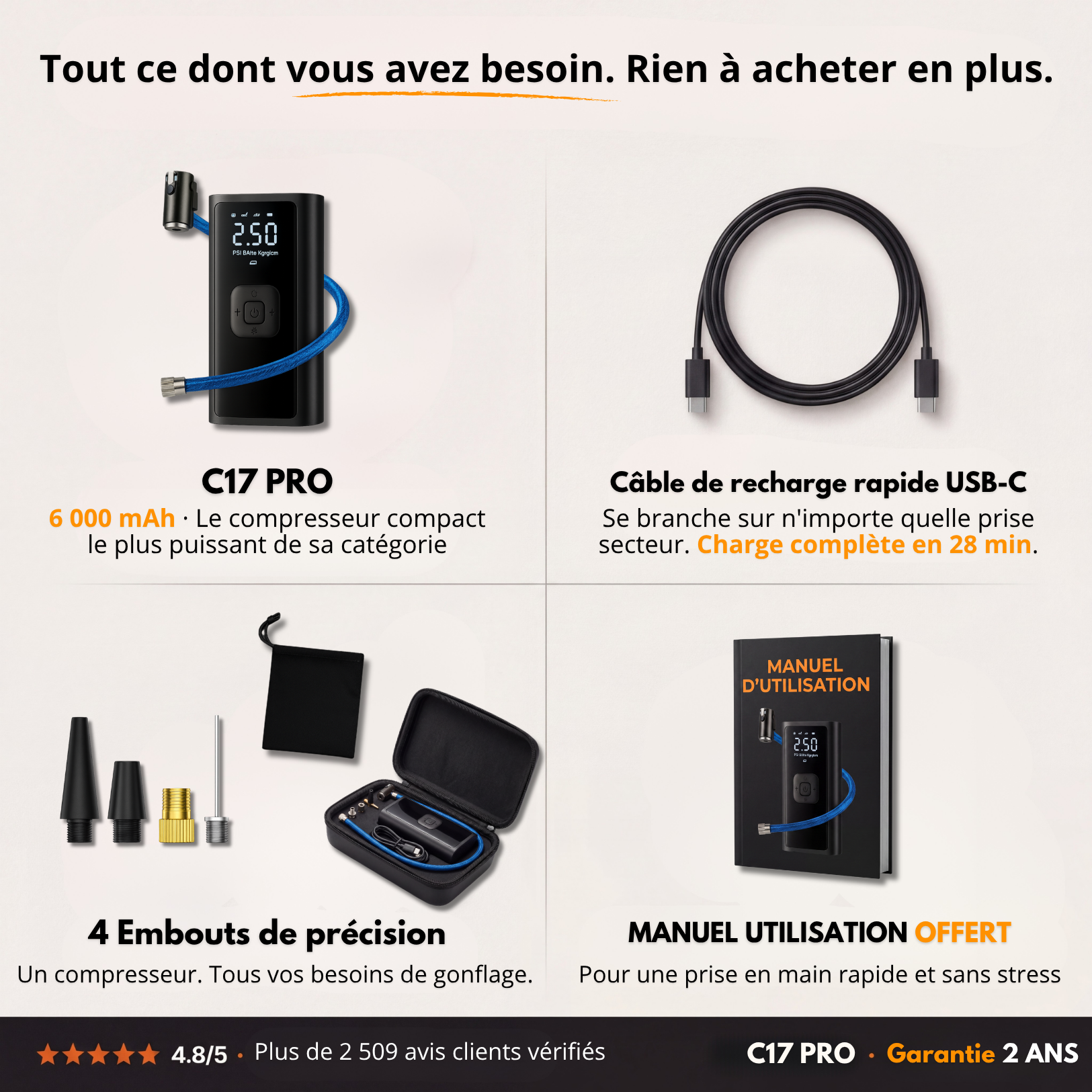 C17 PRO | Compresseur d'Air Portable Puissant – Compact, Léger et Rechargeable