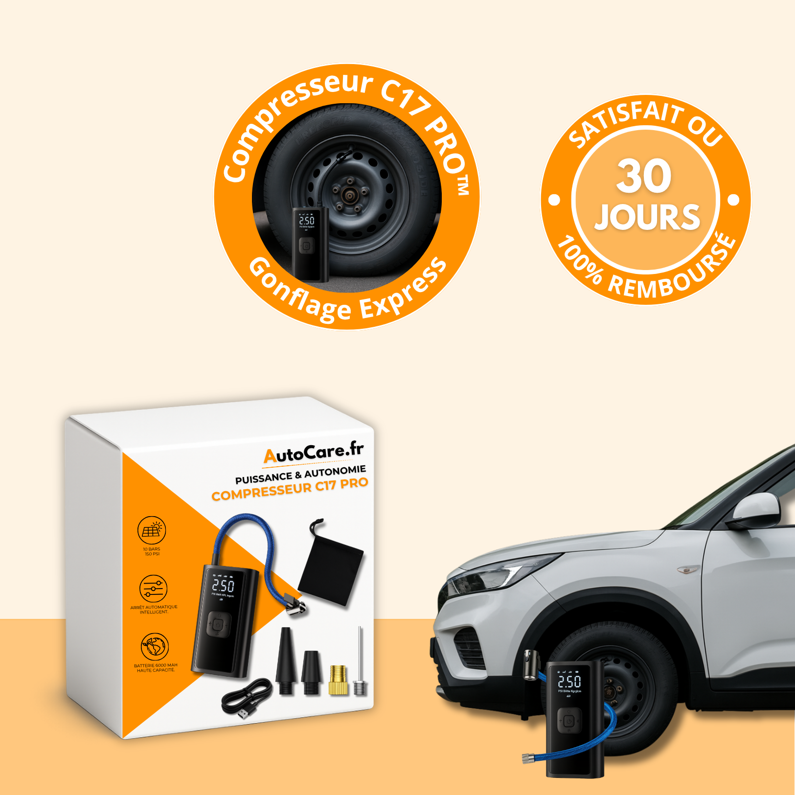 C17 PRO | Compresseur d'Air Portable Puissant – Compact, Léger et Rechargeable