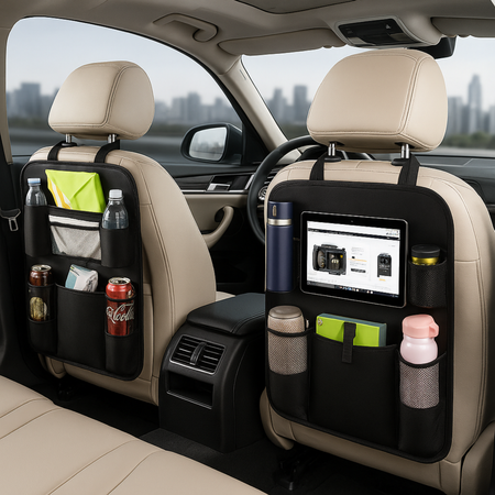 Organisateur de Siège Arrière Voiture (Lot de 2) – Rangement Multi-Poches, Protection Dossier et Repose-Pieds – Noire