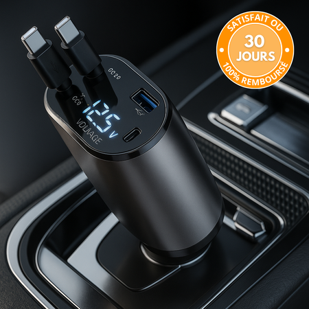 Chargeur Voiture Rétractable 4-en-1 Allume-Cigare avec Écran LED, USB Type-C
