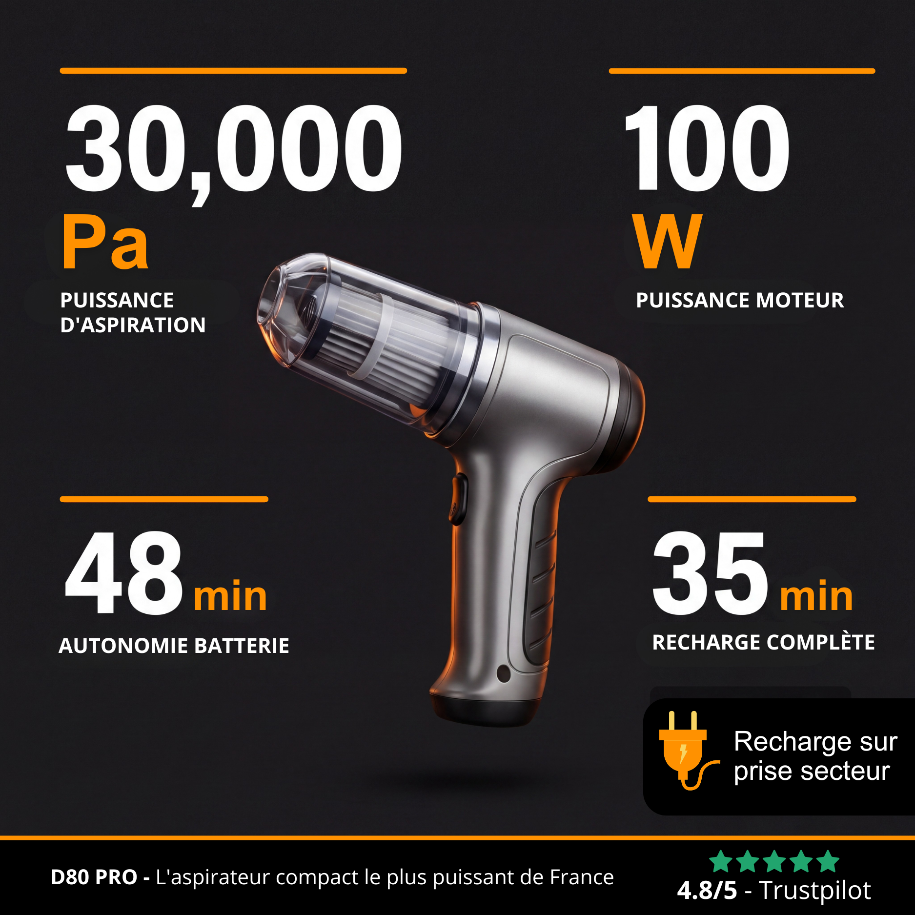 D80 PRO | Aspirateur Voiture Sans Fil Puissant – Compact, Léger et Rechargeable