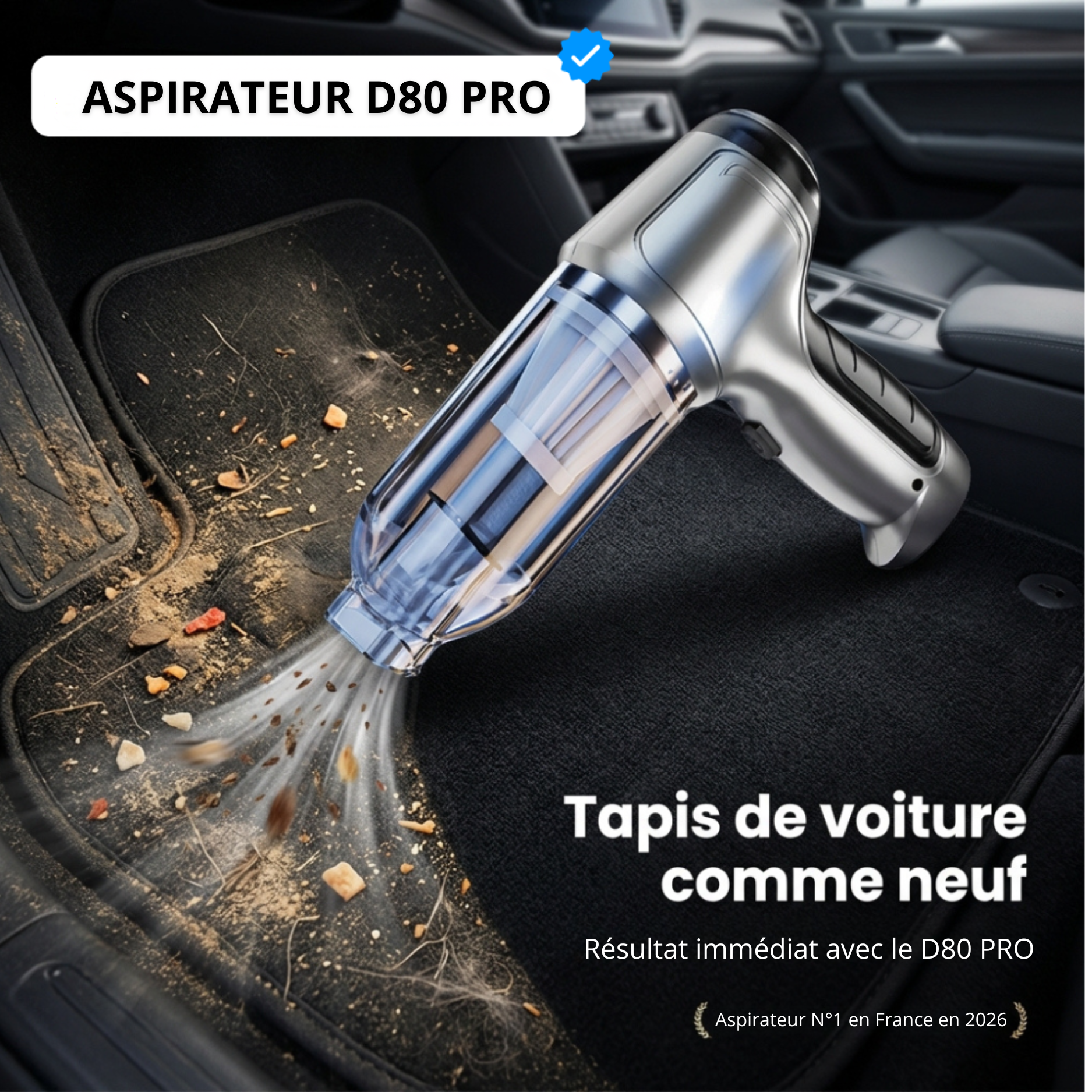 D80 PRO | Aspirateur Voiture Sans Fil Puissant – Compact, Léger et Rechargeable