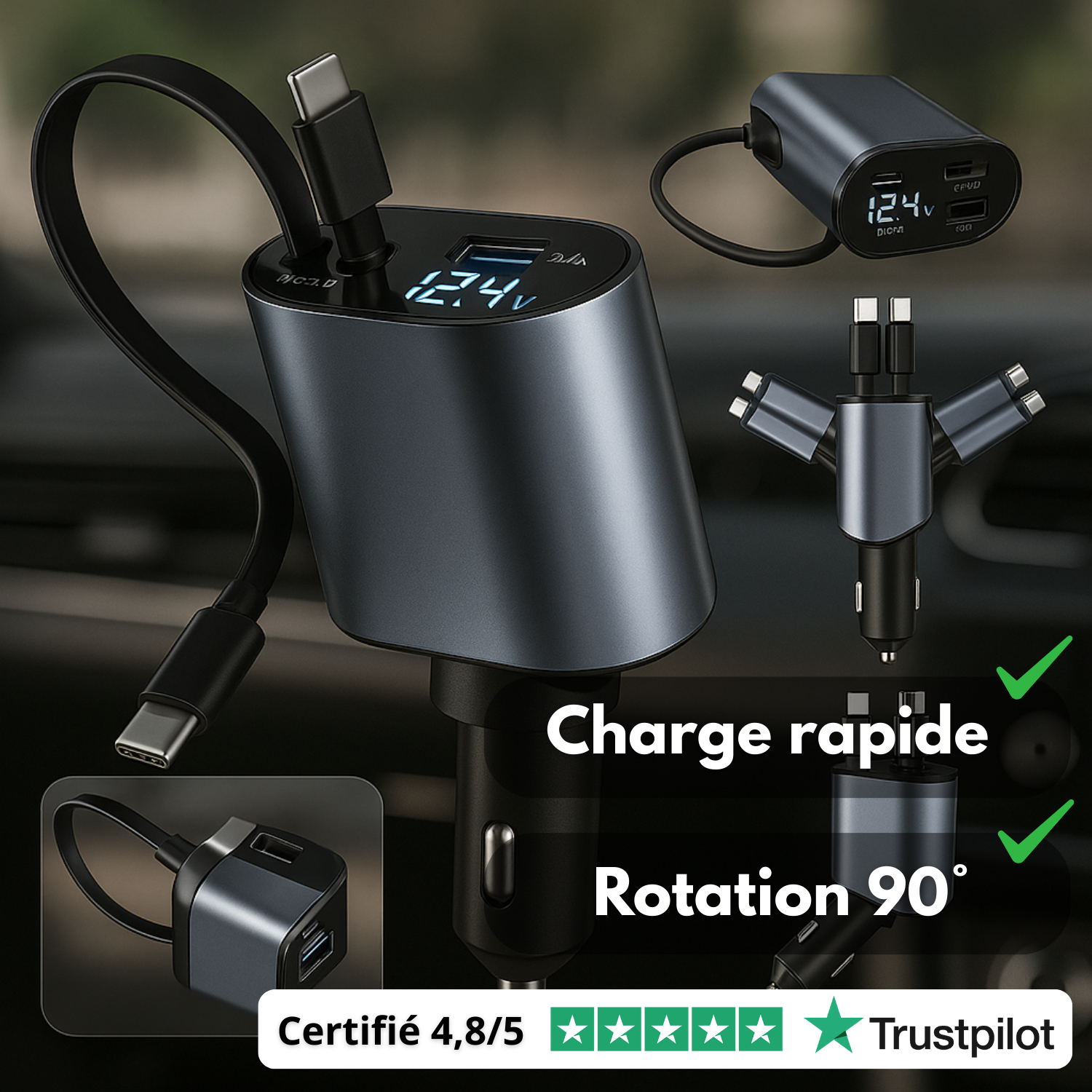 Chargeur Voiture Rétractable 4-en-1 Allume-Cigare avec Écran LED, USB Type-C