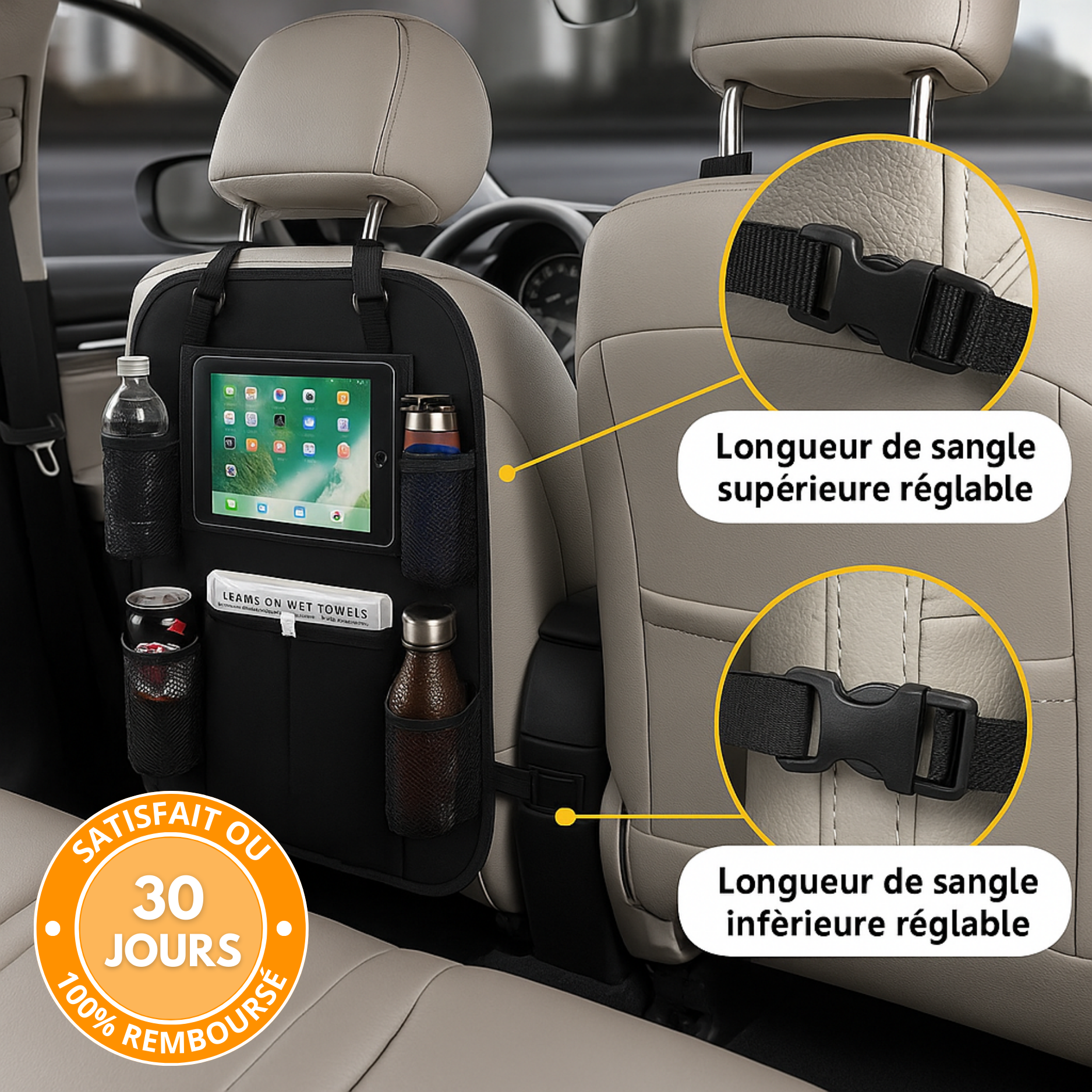 Organisateur de Siège Arrière Voiture (Lot de 2) – Rangement Multi-Poches, Protection Dossier et Repose-Pieds – Noire