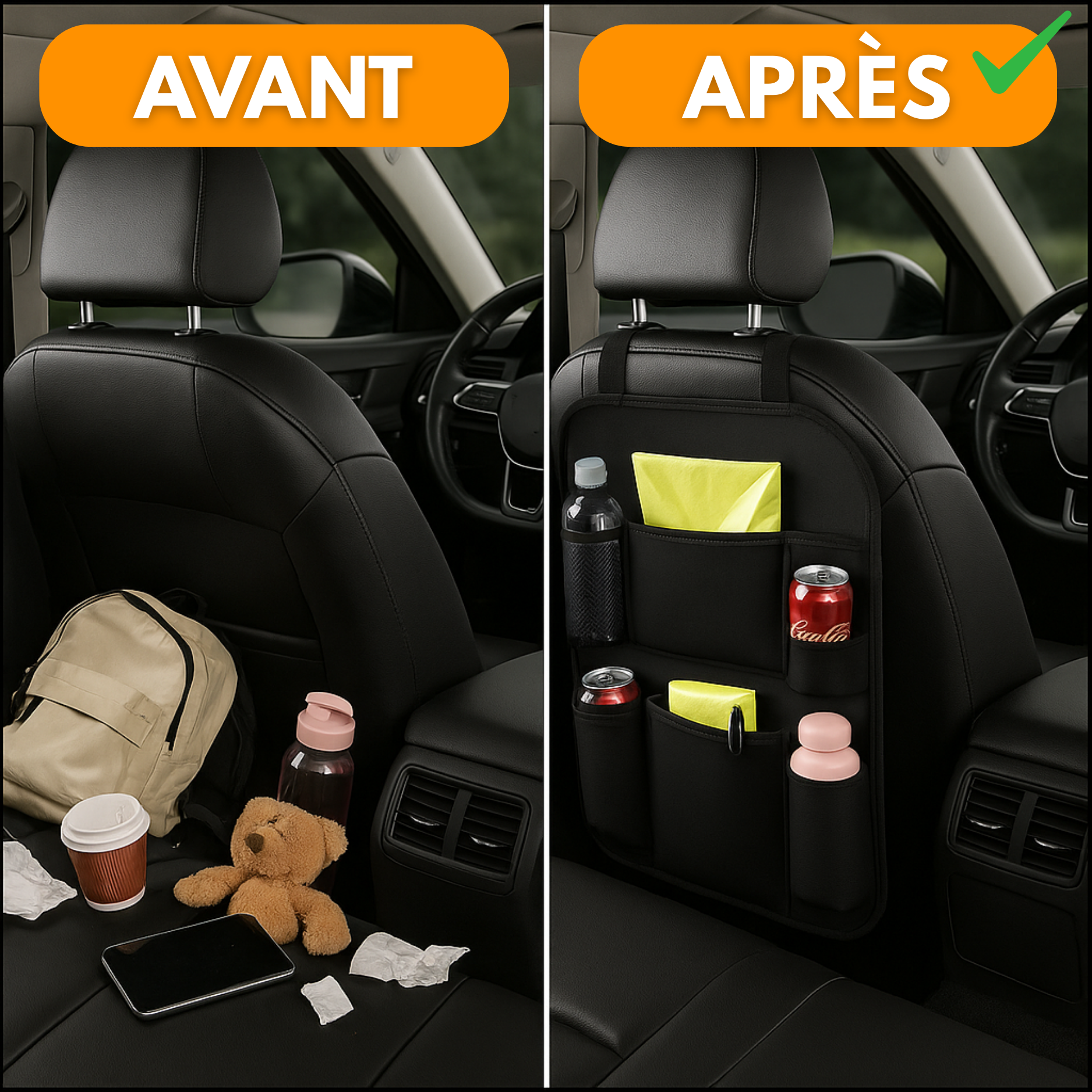 Organisateur de Siège Arrière Voiture (Lot de 2) – Rangement Multi-Poches, Protection Dossier et Repose-Pieds – Noire