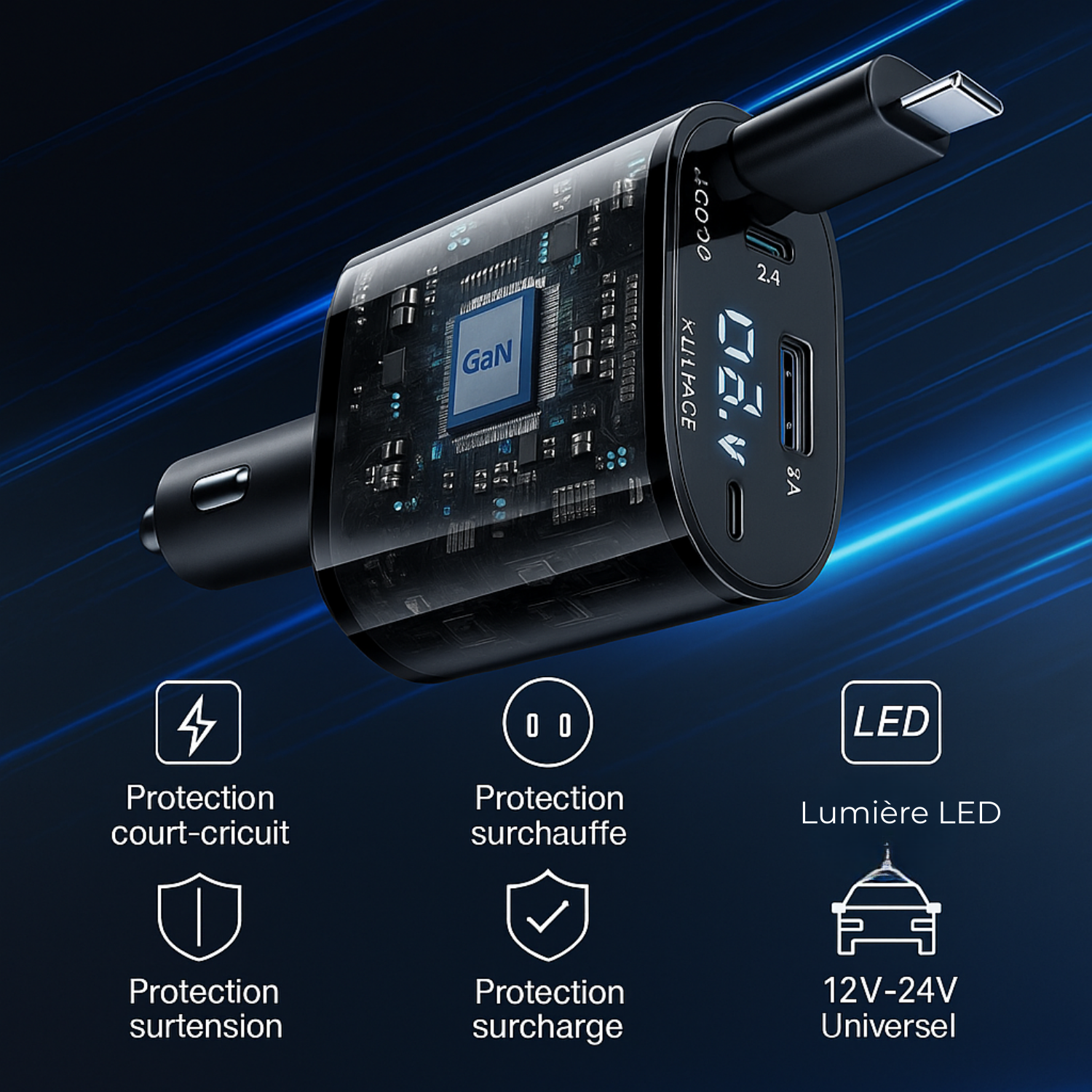 Chargeur Voiture Rétractable 4-en-1 Allume-Cigare avec Écran LED, USB Type-C