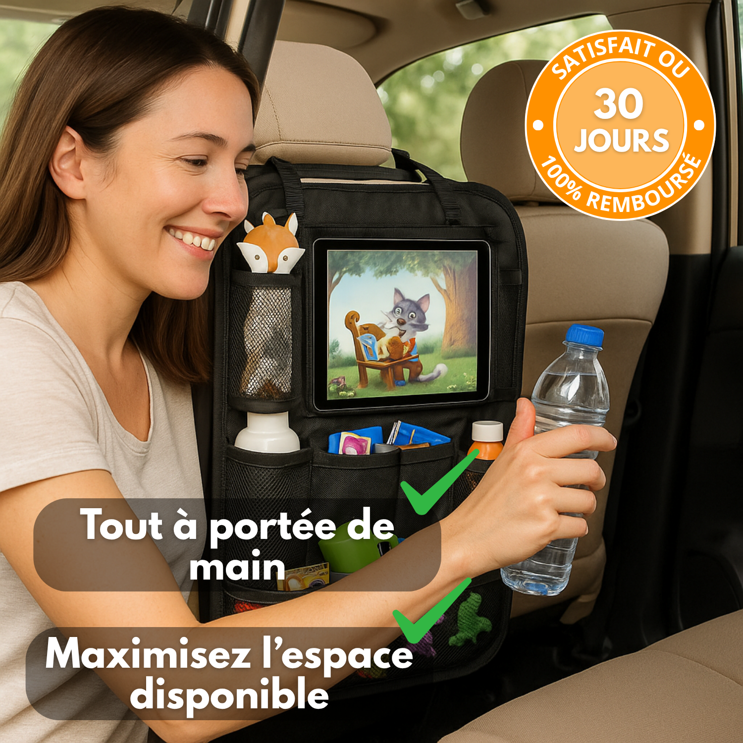 Organisateur de Siège Arrière Voiture (Lot de 2) – Rangement Multi-Poches, Protection Dossier et Repose-Pieds – Noire