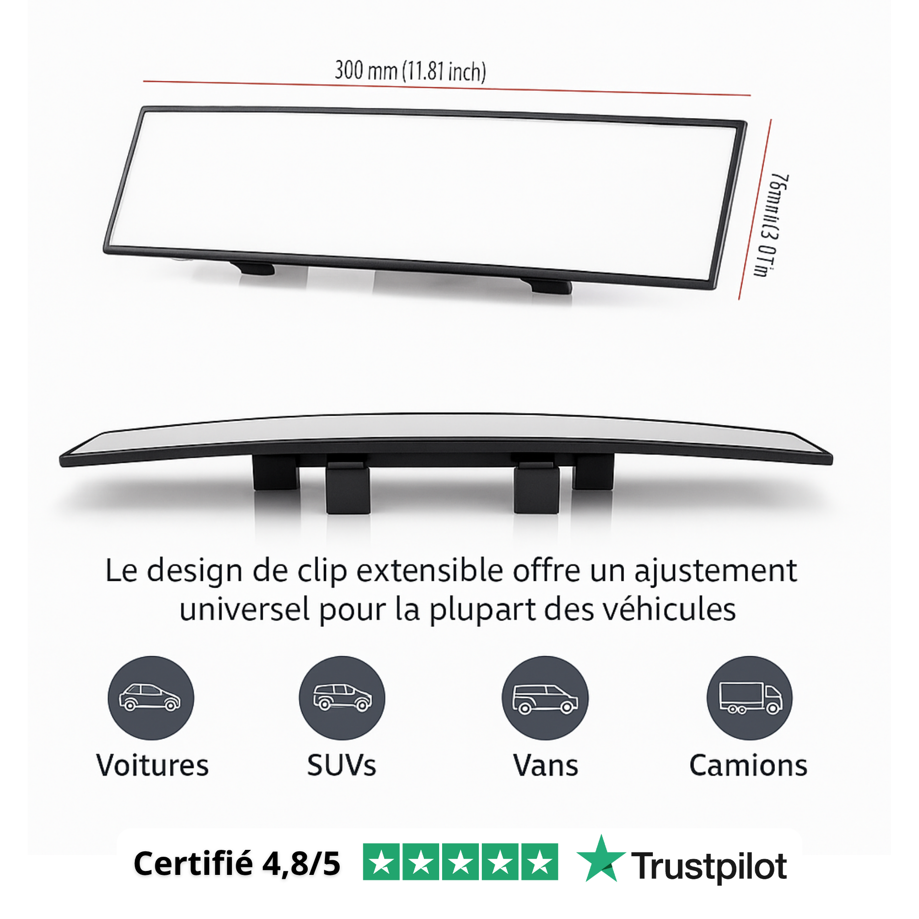Rétroviseur Voiture Intérieur Grand Angle – Vision Panoramique, Installation Universelle et Sécurité Renforcée