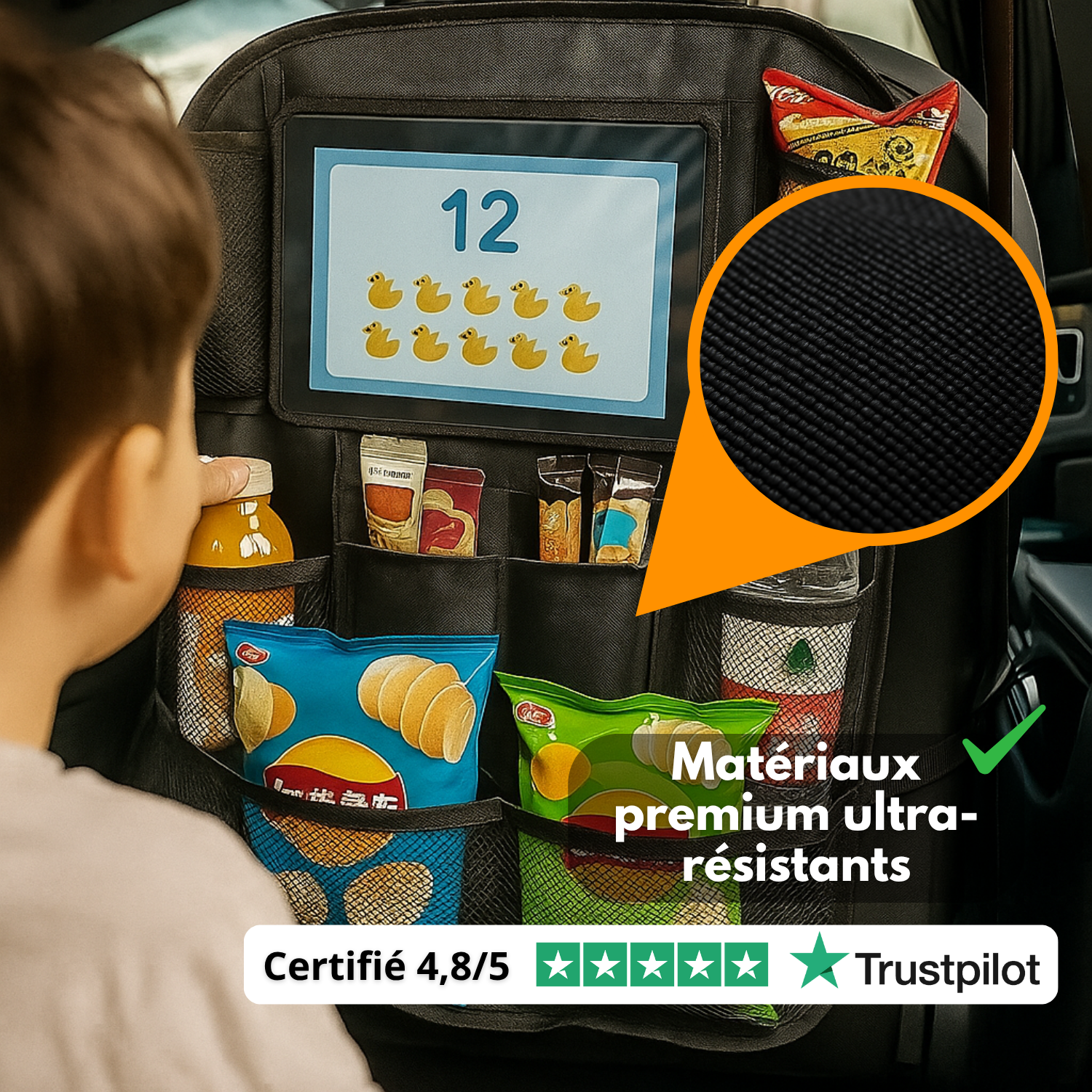 Organisateur de Siège Arrière Voiture (Lot de 2) – Rangement Multi-Poches, Protection Dossier et Repose-Pieds – Noire