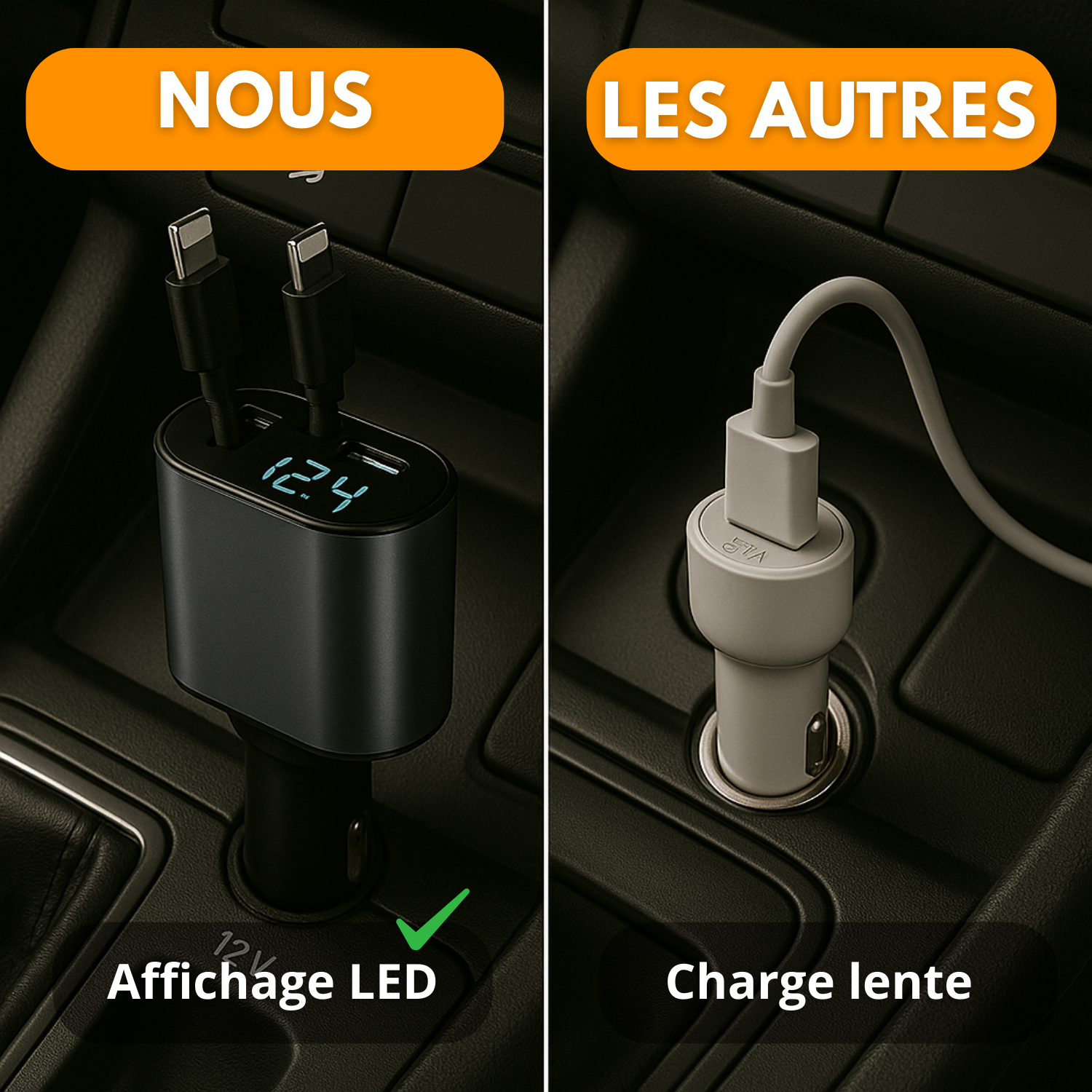 Chargeur Voiture Rétractable 4-en-1 Allume-Cigare avec Écran LED, USB Type-C