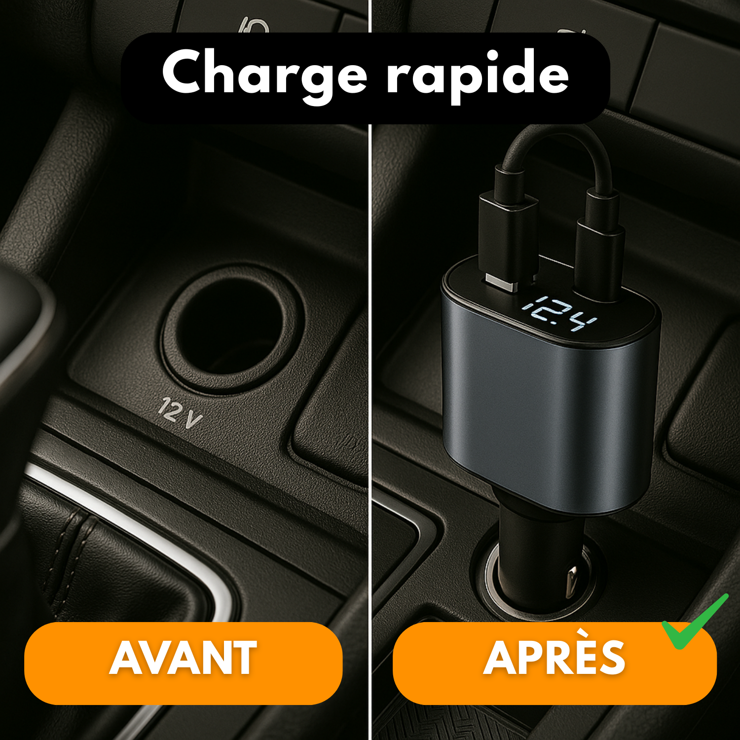 Chargeur Voiture Rétractable 4-en-1 Allume-Cigare avec Écran LED, USB Type-C