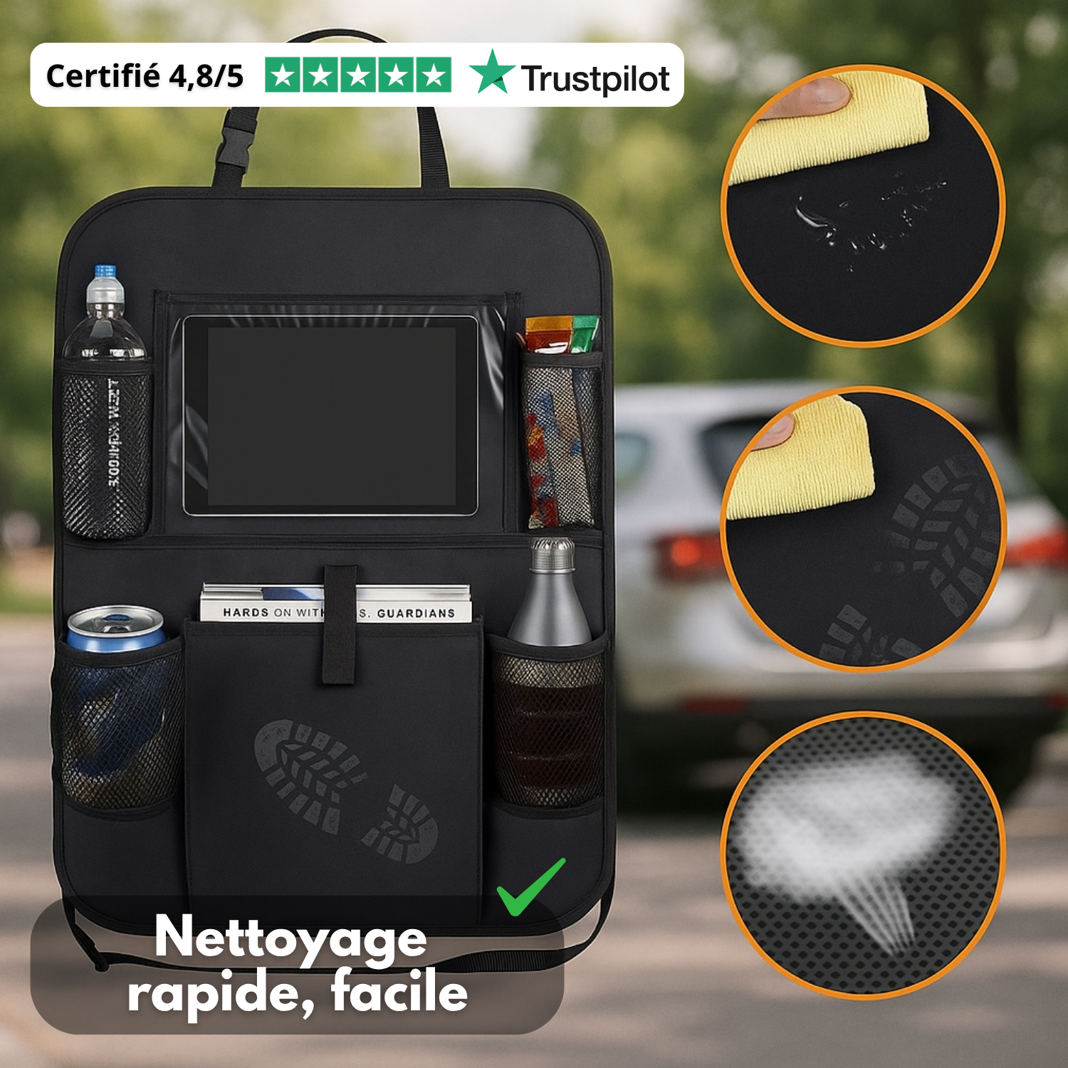 Organisateur de Siège Arrière Voiture (Lot de 2) – Rangement Multi-Poches, Protection Dossier et Repose-Pieds – Noire