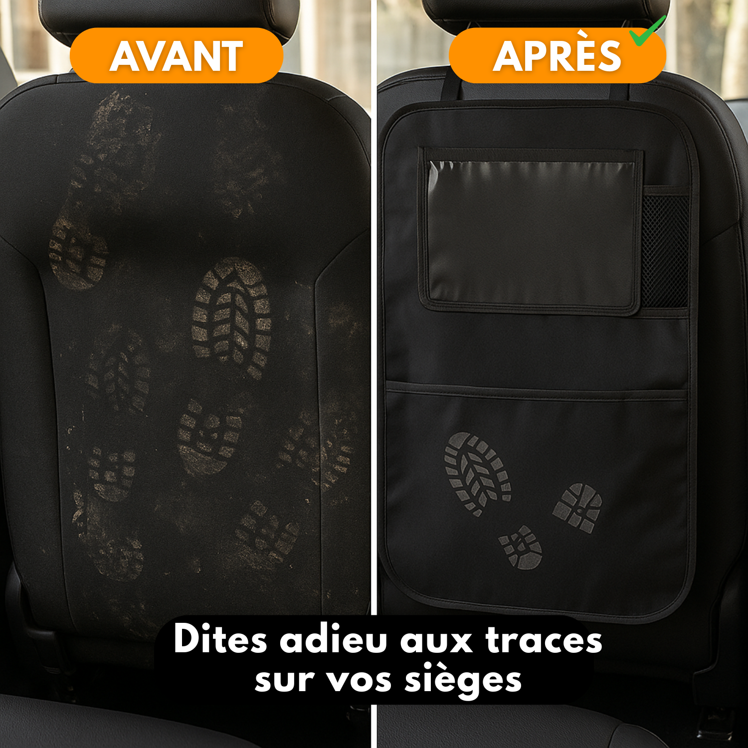 Organisateur de Siège Arrière Voiture (Lot de 2) – Rangement Multi-Poches, Protection Dossier et Repose-Pieds – Noire