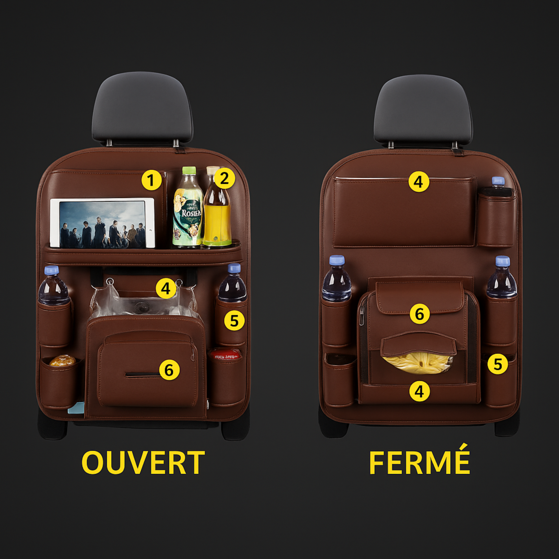 Organisateur de Siège Voiture en Cuir PU Haut de Gamme avec Table Pliable