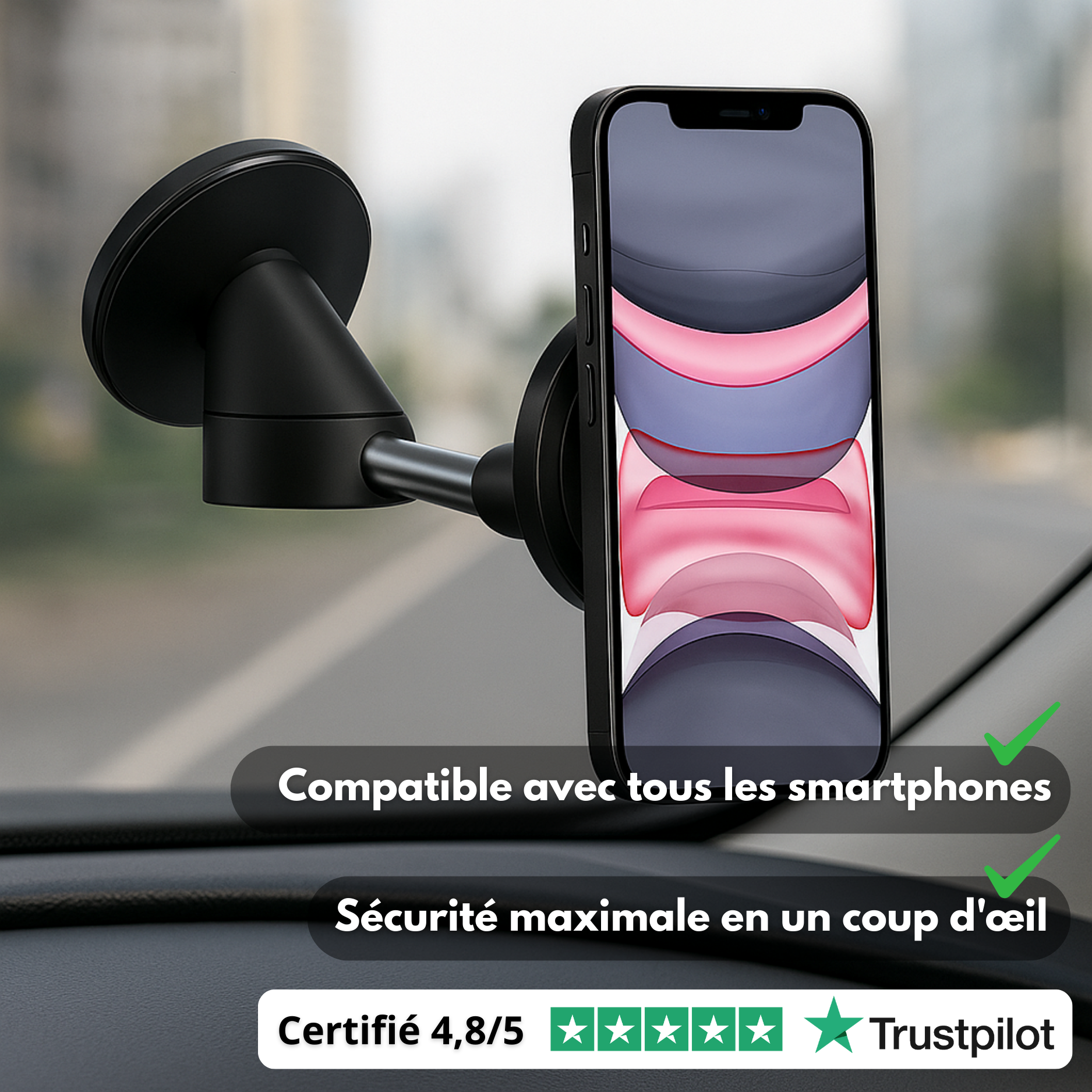 Support Téléphone Magnétique Voiture – Pare-Brise & Tableau de Bord