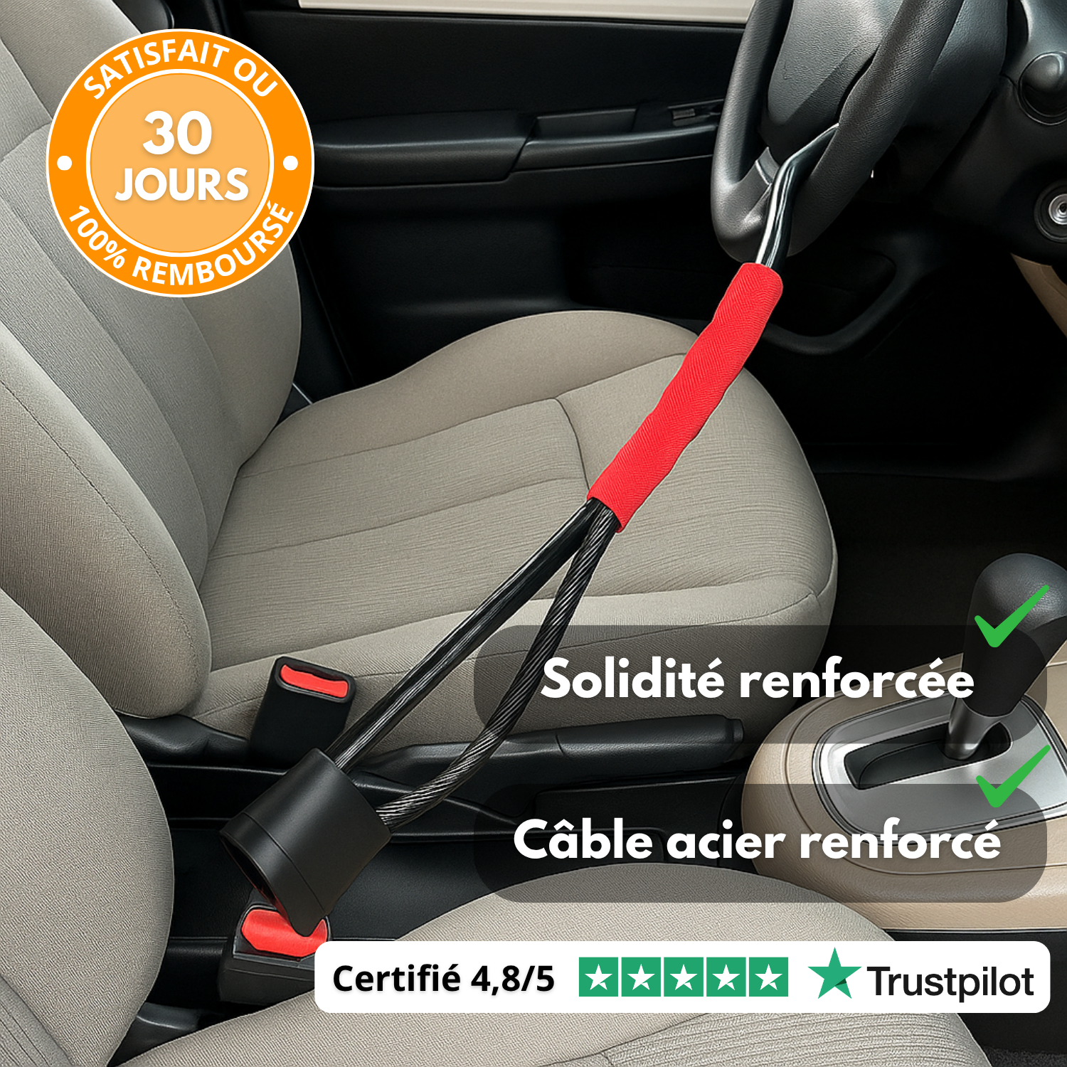 Antivol Voiture Volant & Ceinture – Câble Acier Renforcé + 3 Clés – Sécurité SUV, Camion, Auto