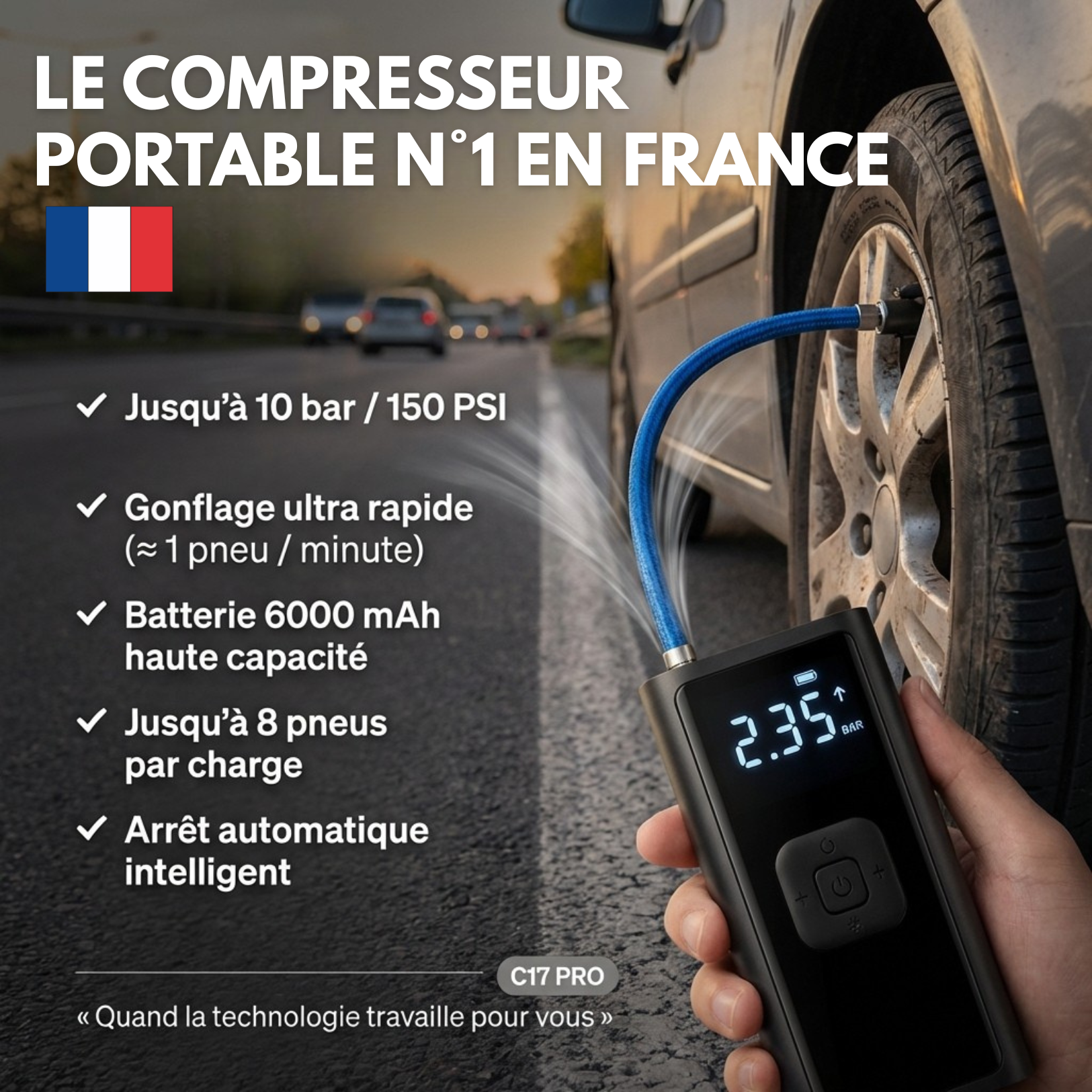 C17 PRO | Compresseur d'Air Portable Puissant – Compact, Léger et Rechargeable