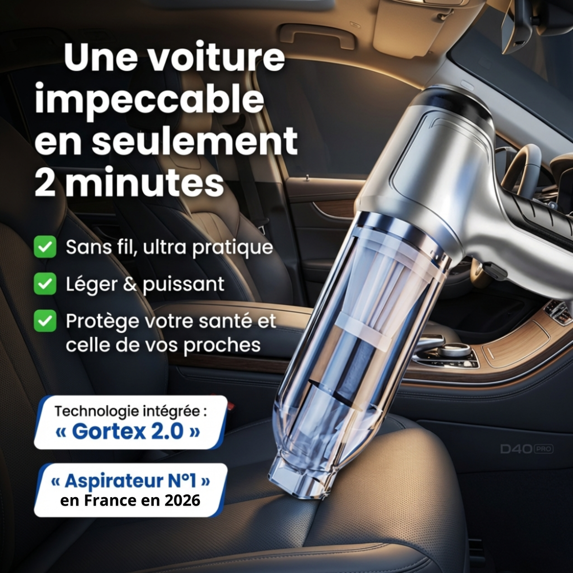 D80 PRO | Aspirateur Voiture Sans Fil Puissant – Compact, Léger et Rechargeable