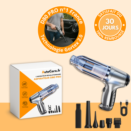 D80 PRO | Aspirateur Voiture Sans Fil Puissant – Compact, Léger et Rechargeable